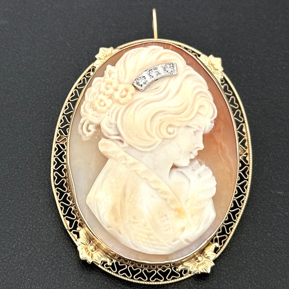 Vintage 14K Yellow Gold Large Hand Carved Shell Cameo Diamond Brooch Pin Pendant - Picture 1 of 11